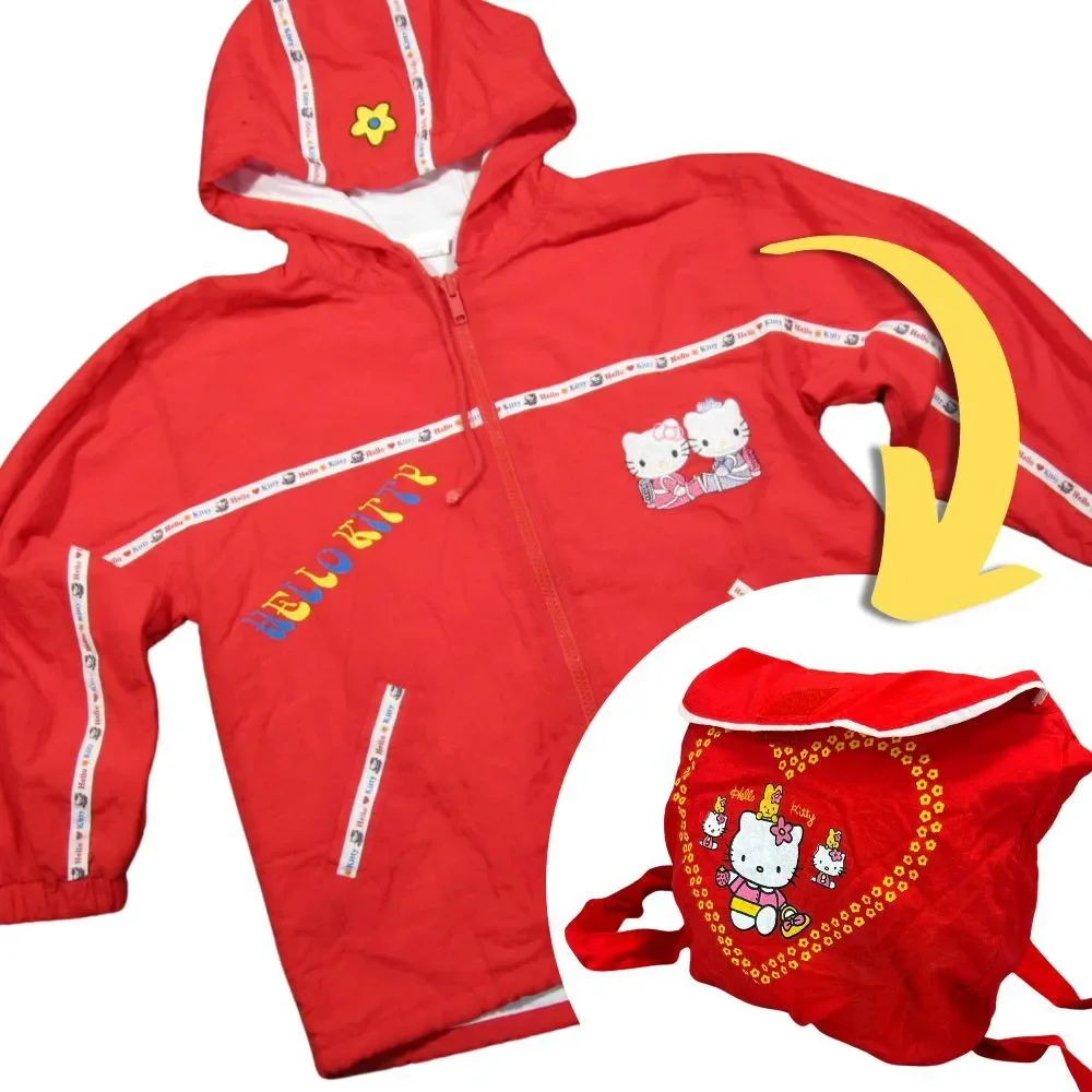 Hello Kitty Jacket Girls 14 Red Windbreaker Full Zip Convertible Backpack Hooded